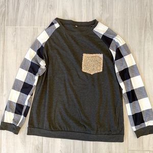 Plaid long sleeve tee with sequin pocket detail